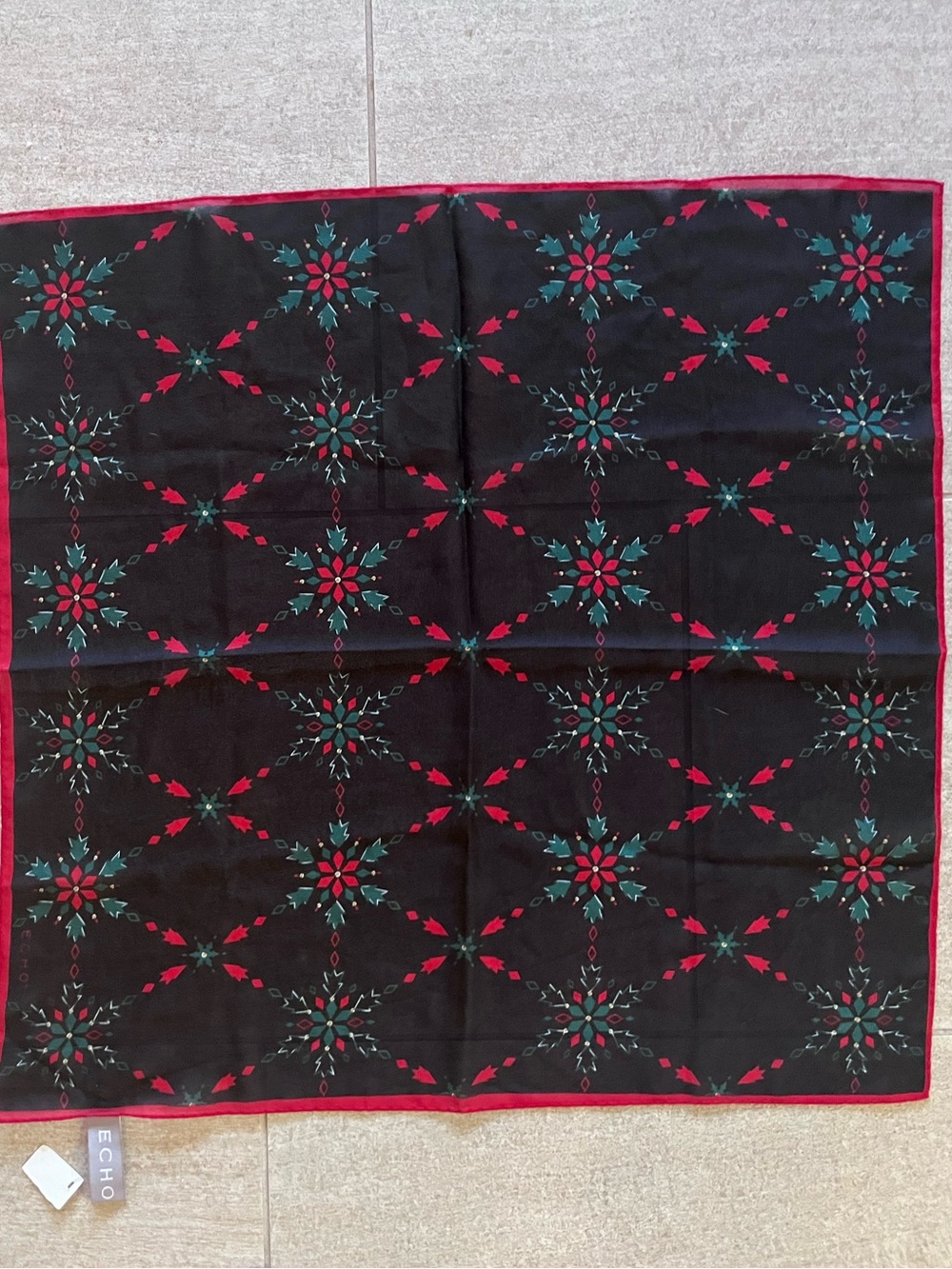 Echo Design Black Cotton Scarf with Red & Green Floral Motif